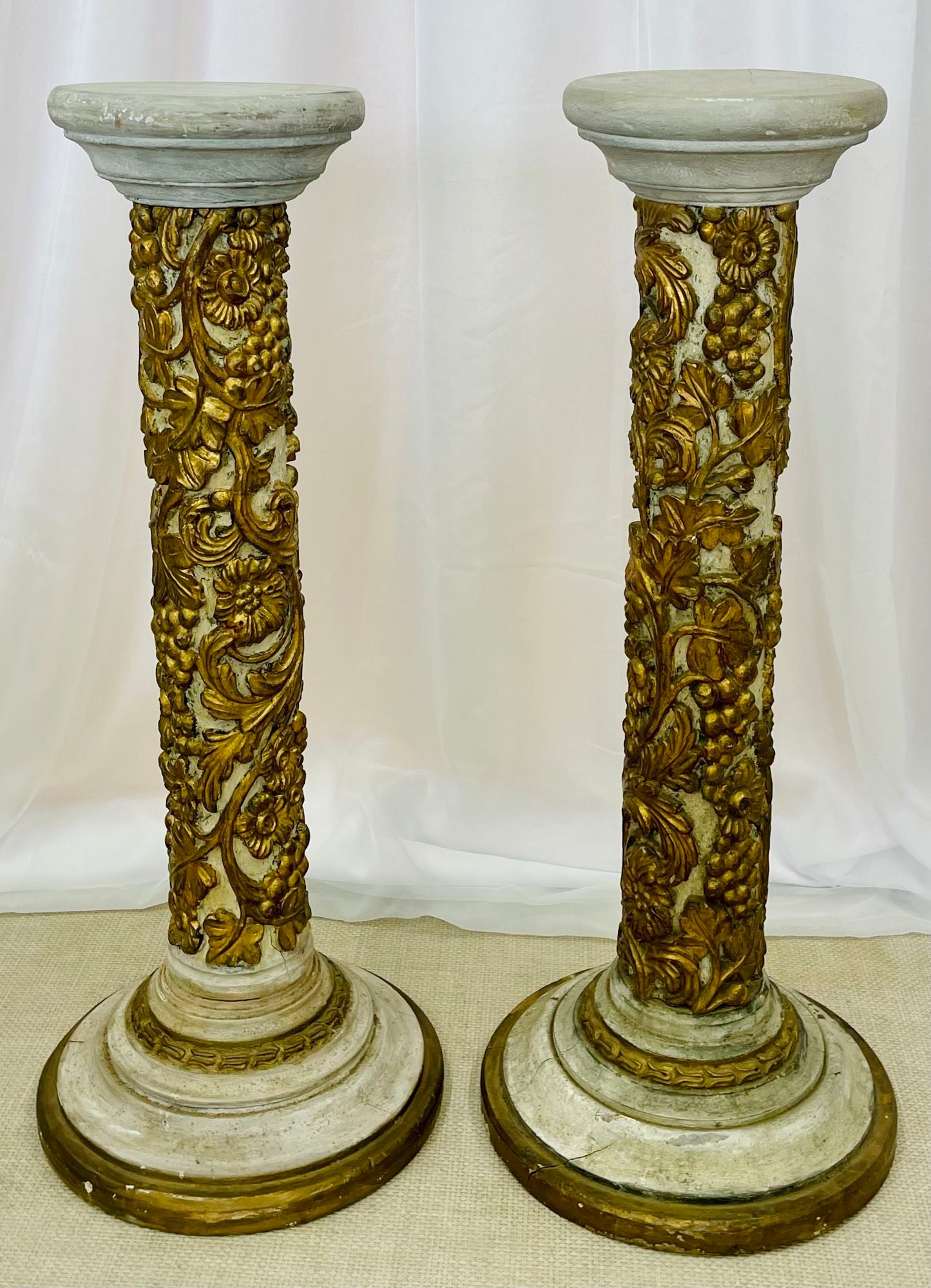 Pair of Giltwood and Paint Decorated Italian Columns, Pedestals, Gustavian Style