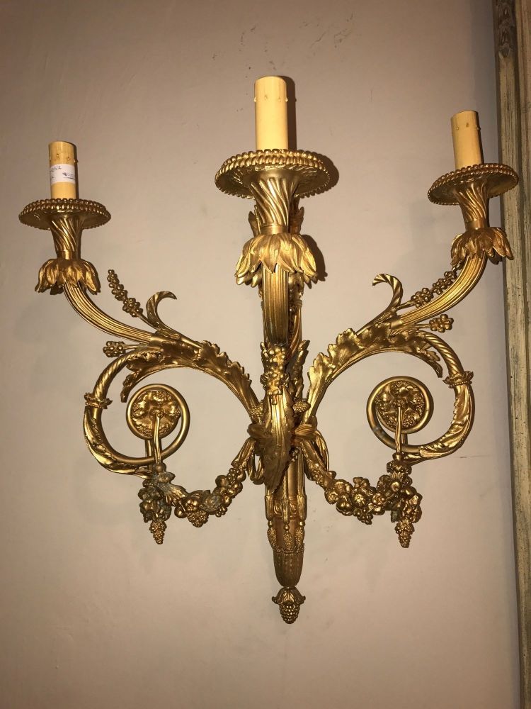 Pair of Monumental Three-Light Sconces Solid Bronze Louis XVI Style