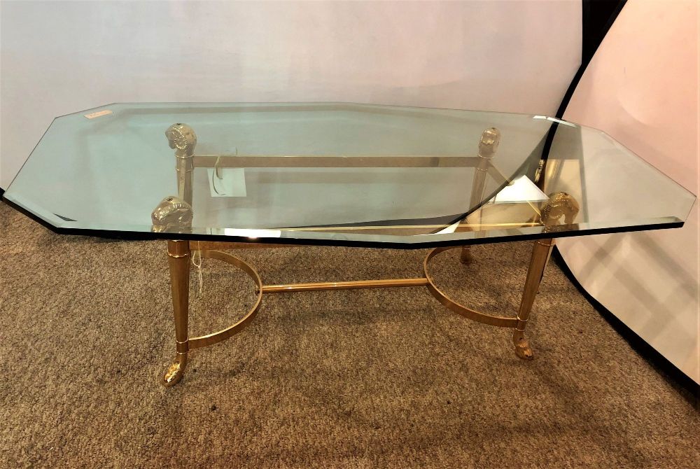 Manner of Jansen Octagon Glass Coffee Table Heavy Brass Ram Head