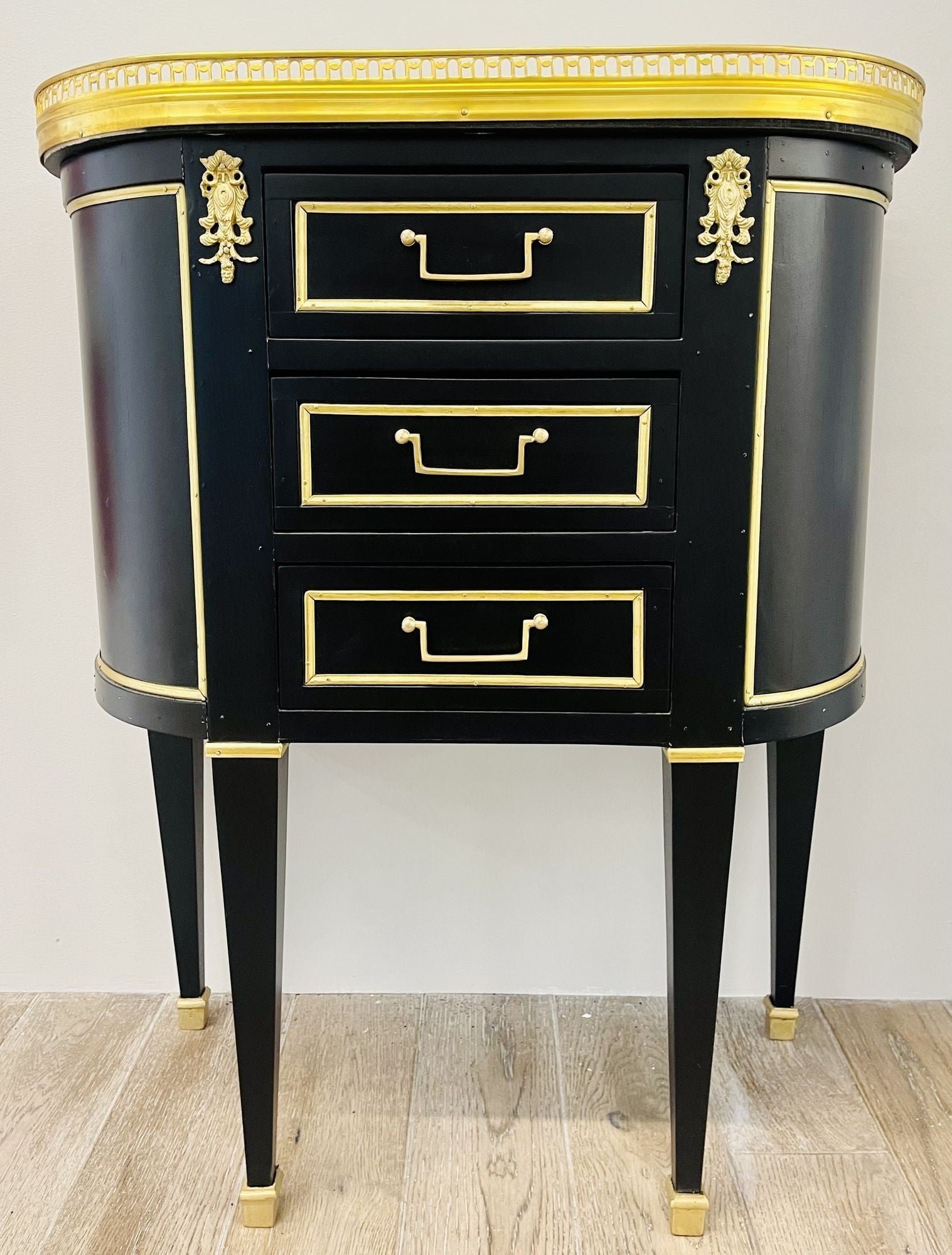 Pair of Jansen Inspired Marble-Top Galleried Ebonized End Tables / Nightstands