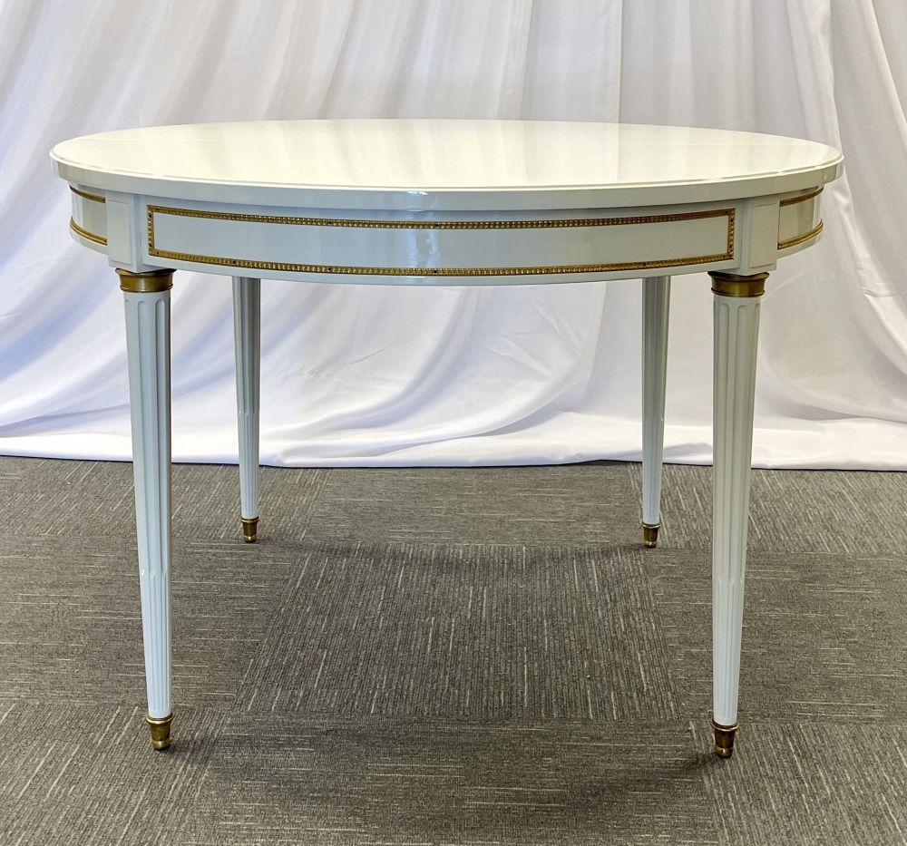 Hollywood Regency Louis XVI Style Dining Table, White Lacquer, Bronze, Jansen Style