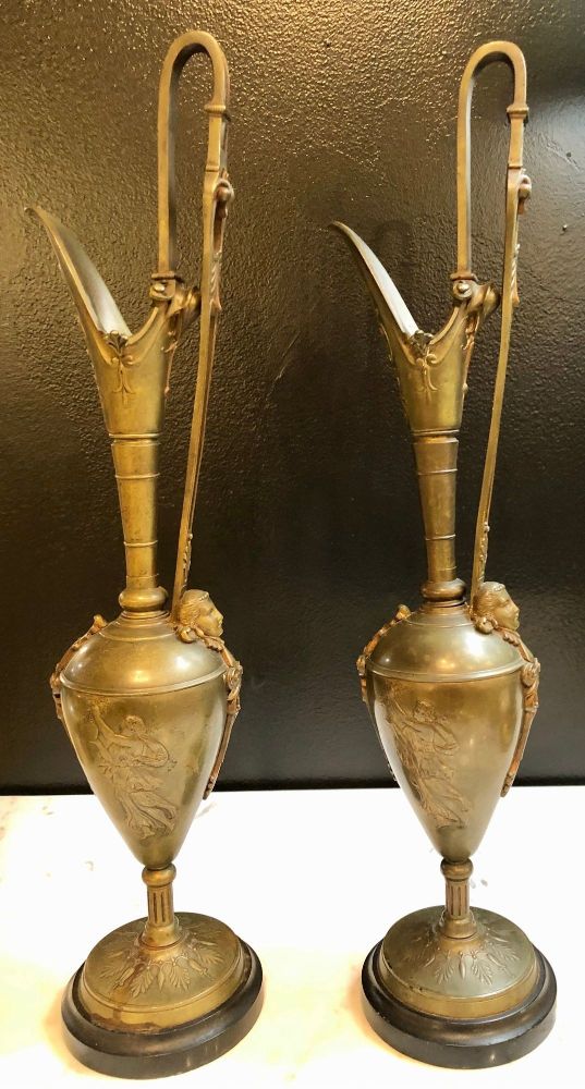 Pair of Classical Figural Bronze Neoclassical Ewers, 19th Century