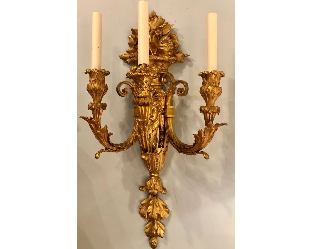 Pair of Three-Arm Bronze Wall Sconces French Louis XVI Style Bronze Dore