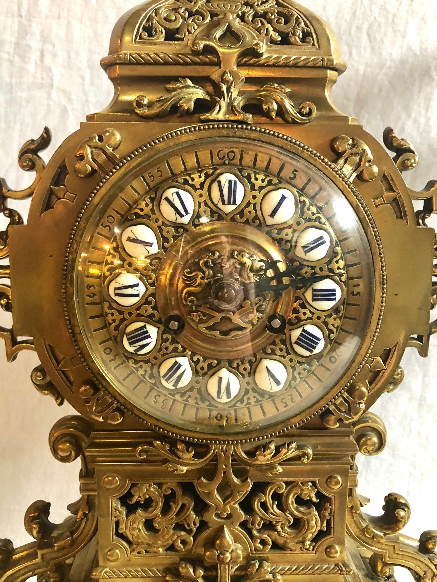 19th Century Gothic Style J.E. Caldwell Gilt Bronze Clock Garniture Set