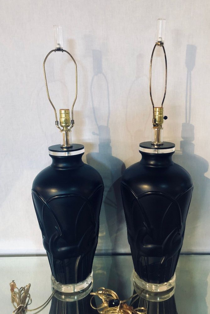 Pair of Art Deco Style Modern Black Table Lamps Lucite Base and Antelopes