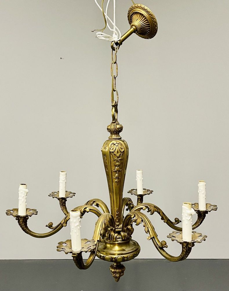 French Solid Bronze Six Light Chandelier, Canopy, Chain, Estate item