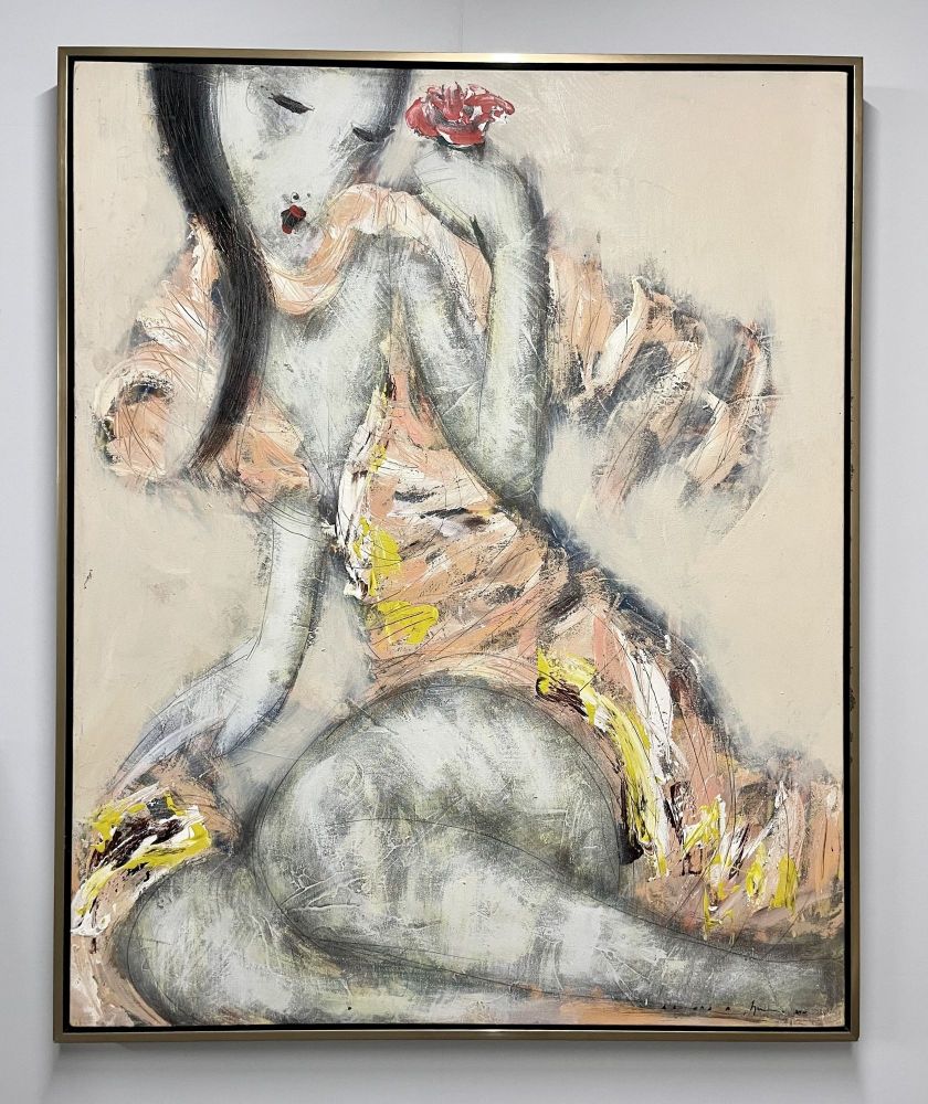 Mid-Century Modern Figurative Oil on Canvas, One of a Compatible Pair