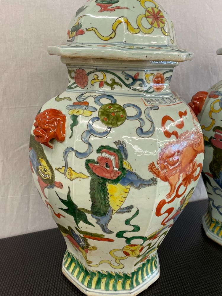 Pair of 19th Century Temple Jars, Lidded, Chinoiserie Foo Dog Finials, 19th C.