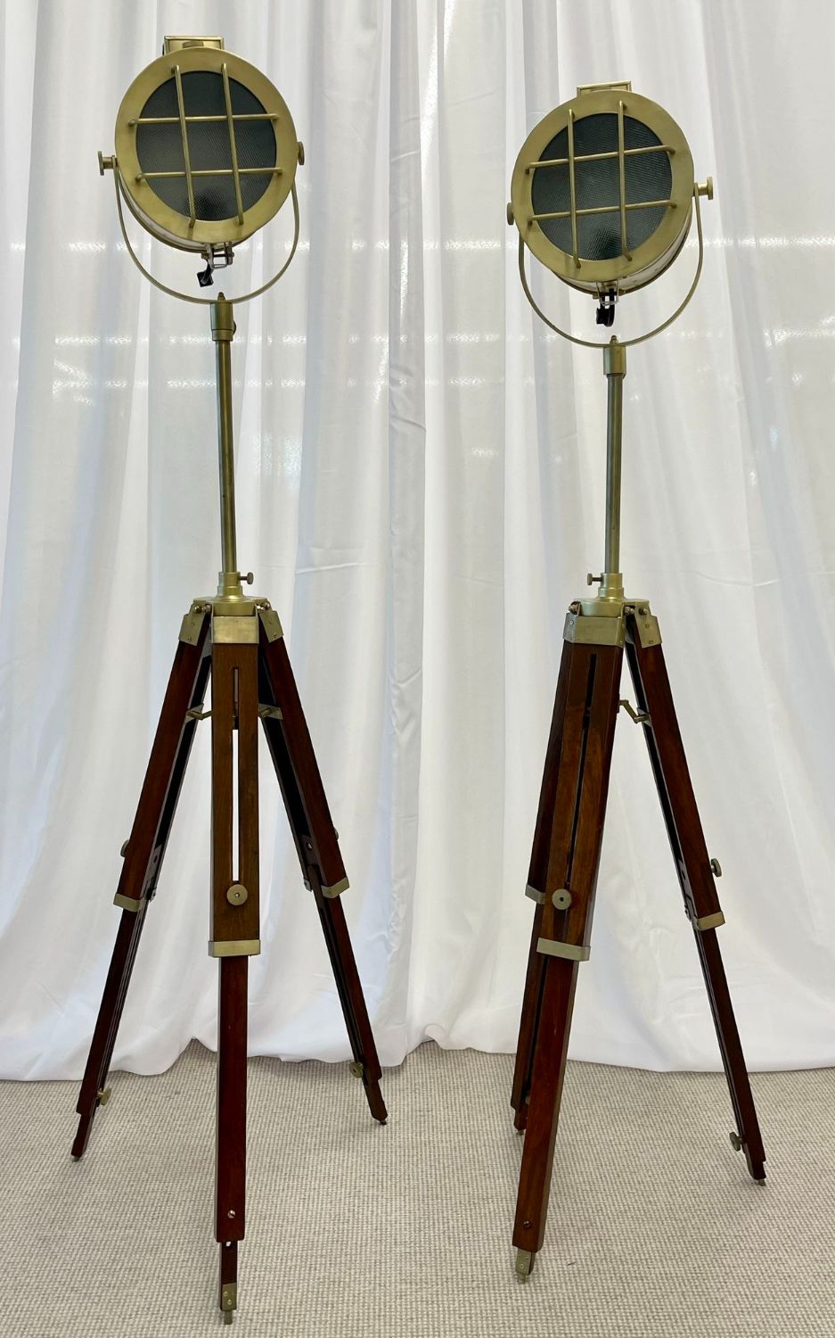 Pair of Industrial Style Search Lights, Mahogany Tri-Pod Base