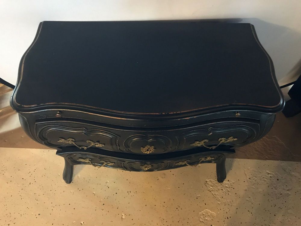 Black Distressed Bombe Commode with Bronze Mounts and Pull-Out Tray Top