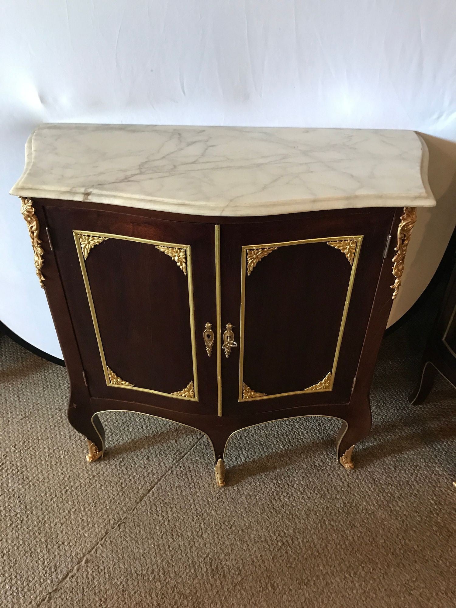 Pair of Jansen Style Double Door Marble-Top Bedside Cabinets or End Tables