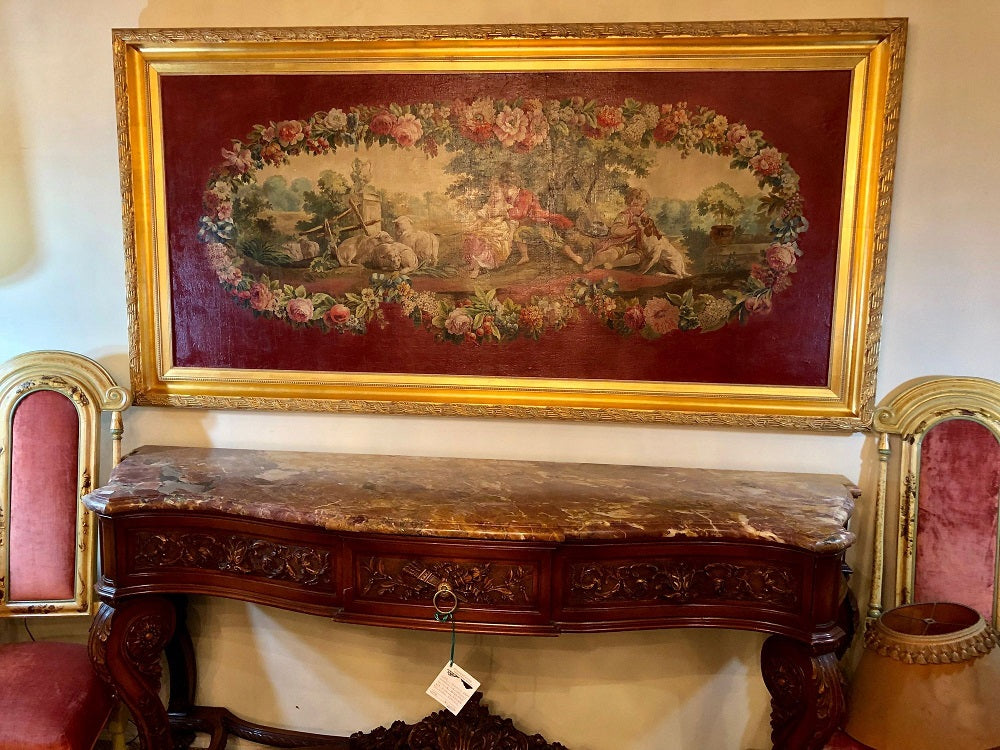 A monumental French oil on canvas 19th-20th century lovers in the field.