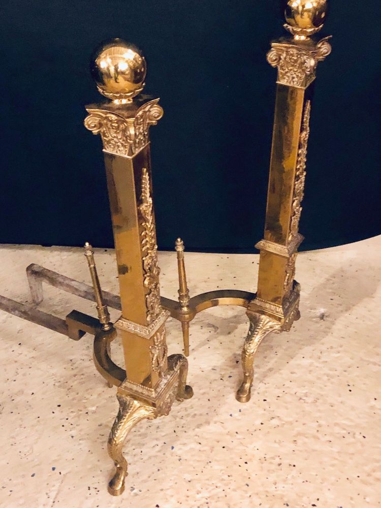 Fine Pair of Large and Impressive Louis XVI Style Brass and Irons