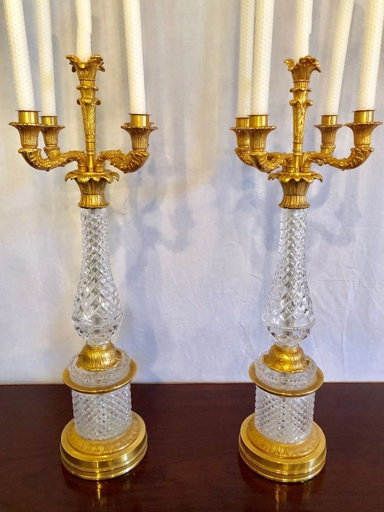 Pair of Baguès Style Cut Crystal and Gilt Brass Table Candelabras or Lamps
