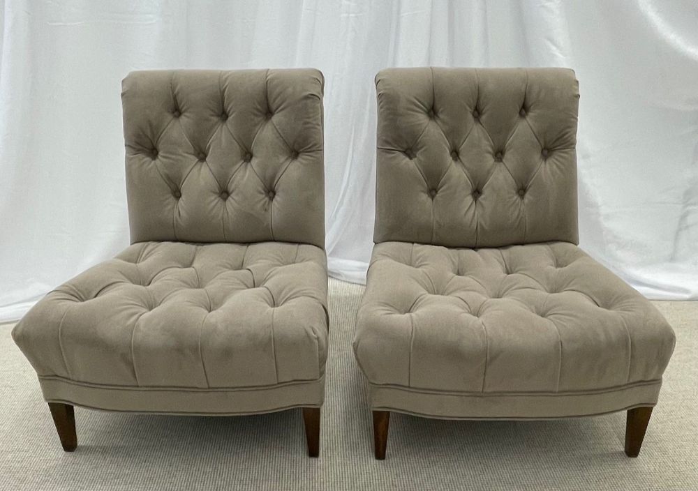 Pair Mid-Century Modern Slipper/Lounge Chairs, American Designer, Tufted, Suede