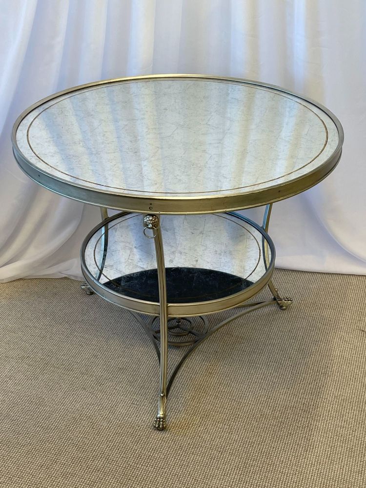 Hollywood Regency Style Mirrored Gueridon, Center Table, Silver Gilt, Lion Heads