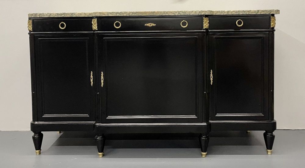 Ebony Hollywood Regency Louis XVI Style Bronze Mounted Sideboard, Marble Top