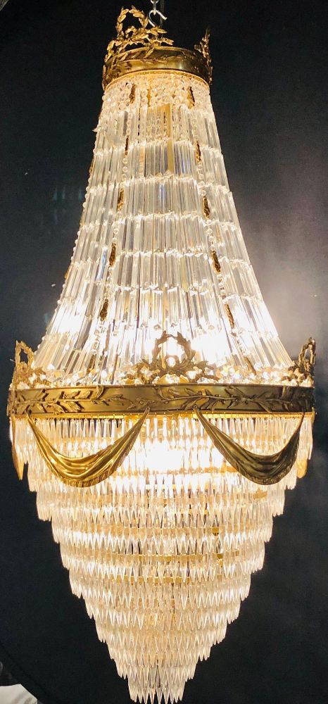 Pair of Palatial Bronze and Crystal Swag Design Louis XVI Style Chandeliers