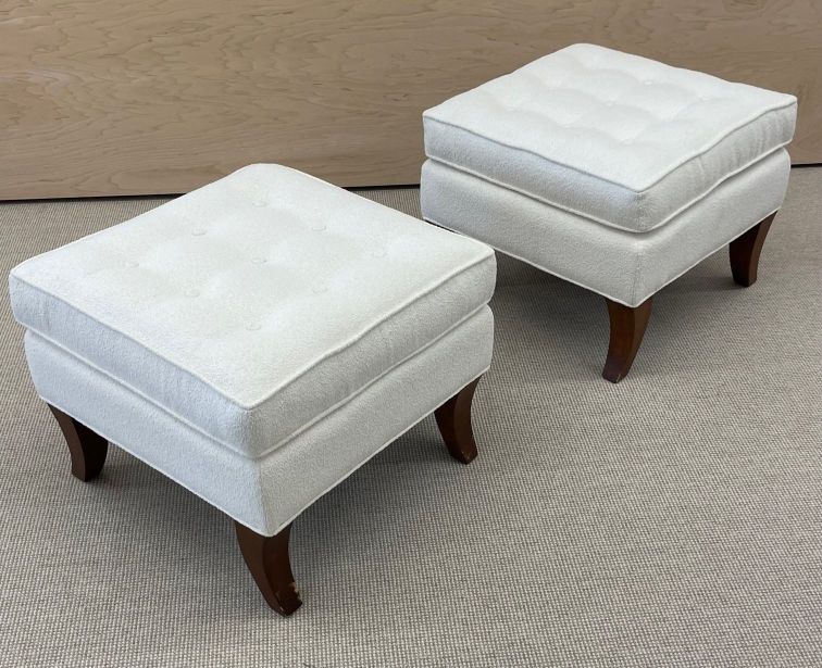 Mid-Century Modern American Designer Tufted Ottomans, Stools, Walnut, Bouclé