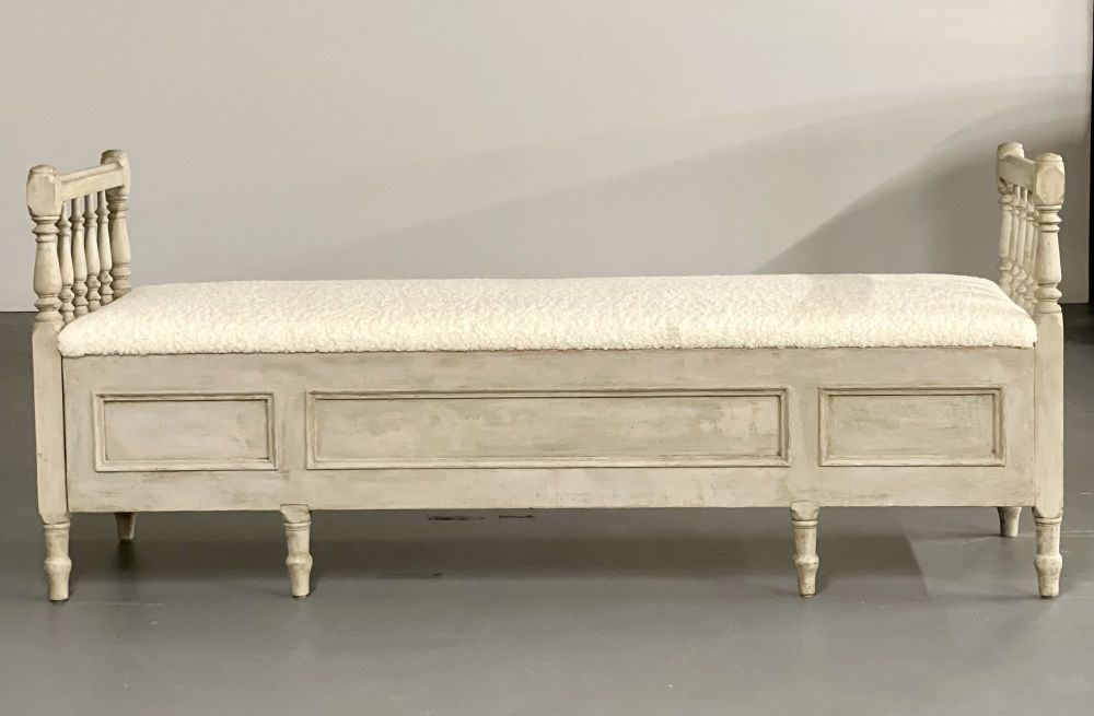 Gustavian Paint Decorated Storage Bench, New Wool Shearling, Sweden, 19th C.