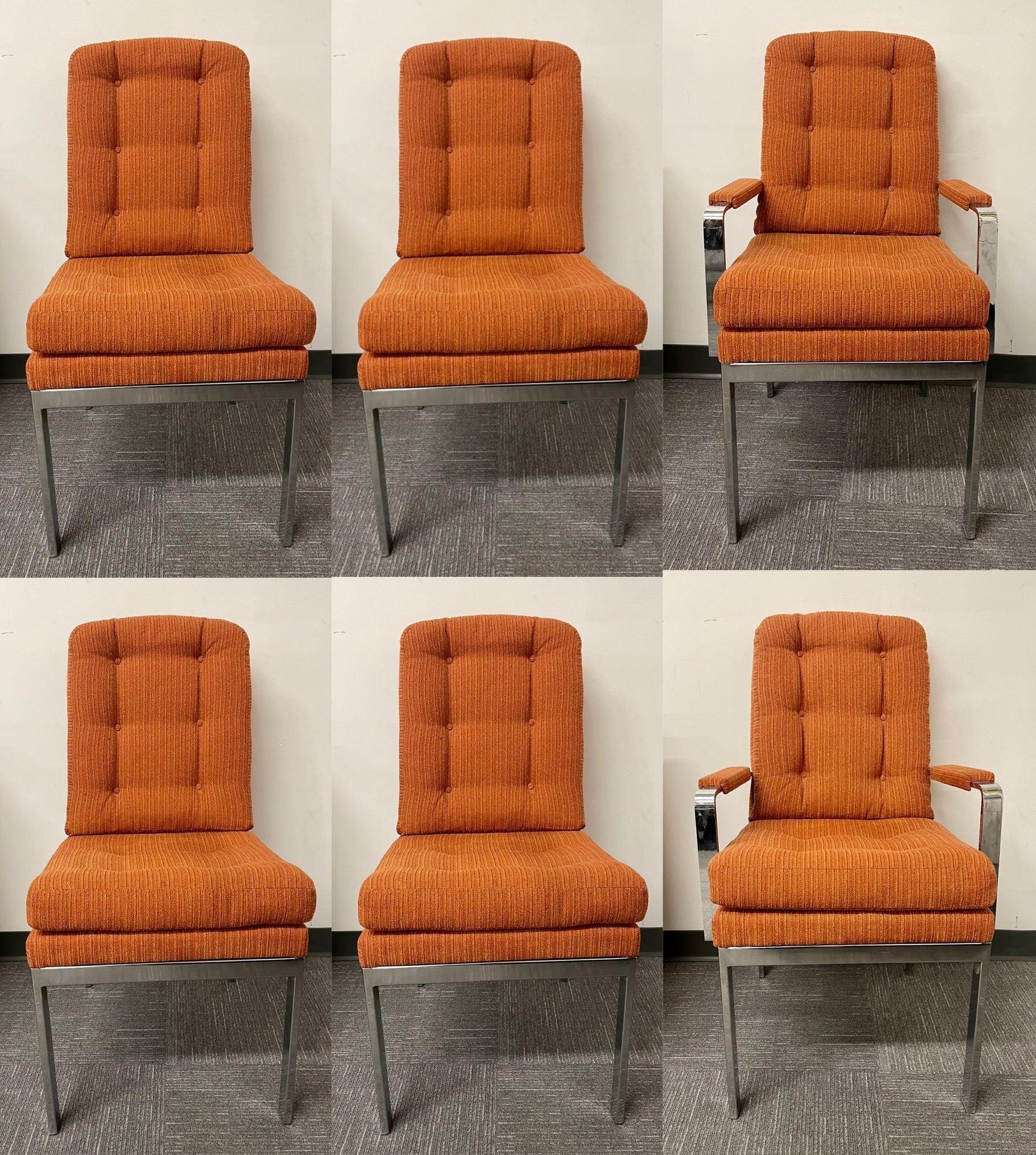 6 Chrome Base Milo Baughman Style Dining Chairs, Mid Century Modern