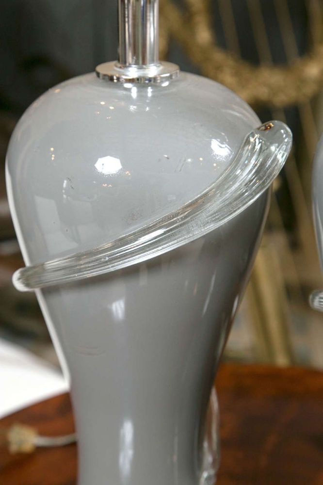 Pair of Deco Style Gray Glass Table Lamps with Lucite Bases