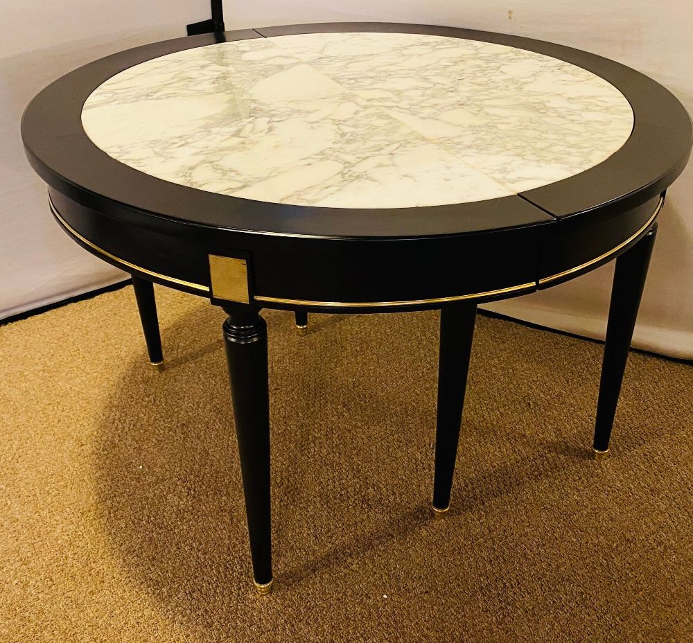 Hollywood Regency Jansen Style Ebony Center Dining Table Marble Top French