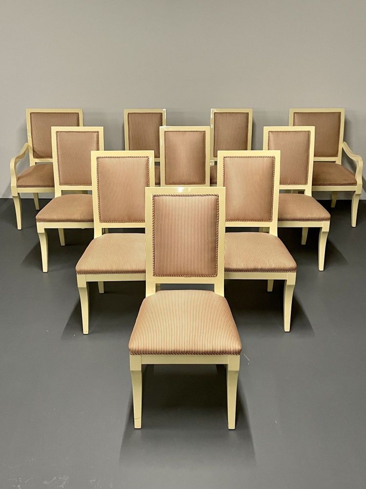 Ron Seff, White Lacquer, Striped Fabric, Ten Modern Dining Chairs, USA, 1970s