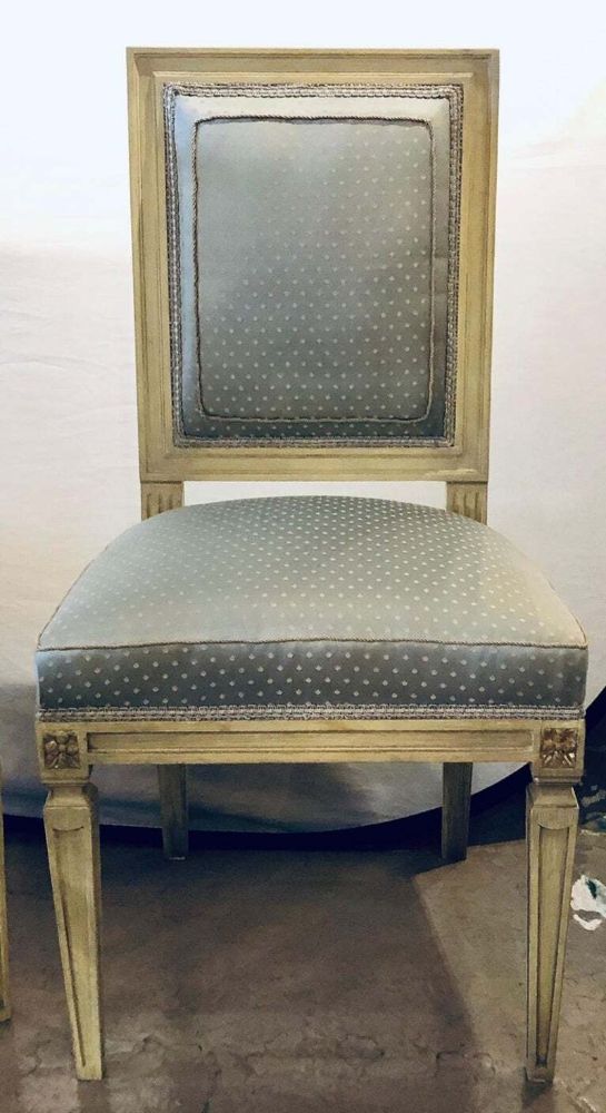 Set of Six Jansen Style Dining, Side Chairs, Faux Linen Painted, New Upholstery
