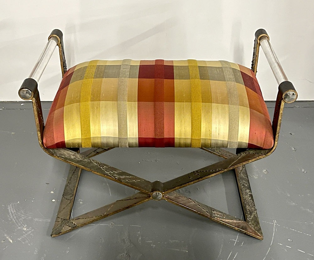 Mid Century Modern Paul Evan Style X Bench, Lucite Armrest, Chrome Accents