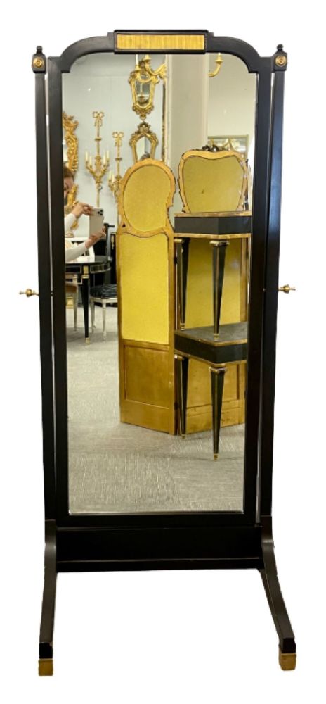 Jansen Fashioned Chavel Ebonized Floor Chevel Mirror with Bronze Mounts