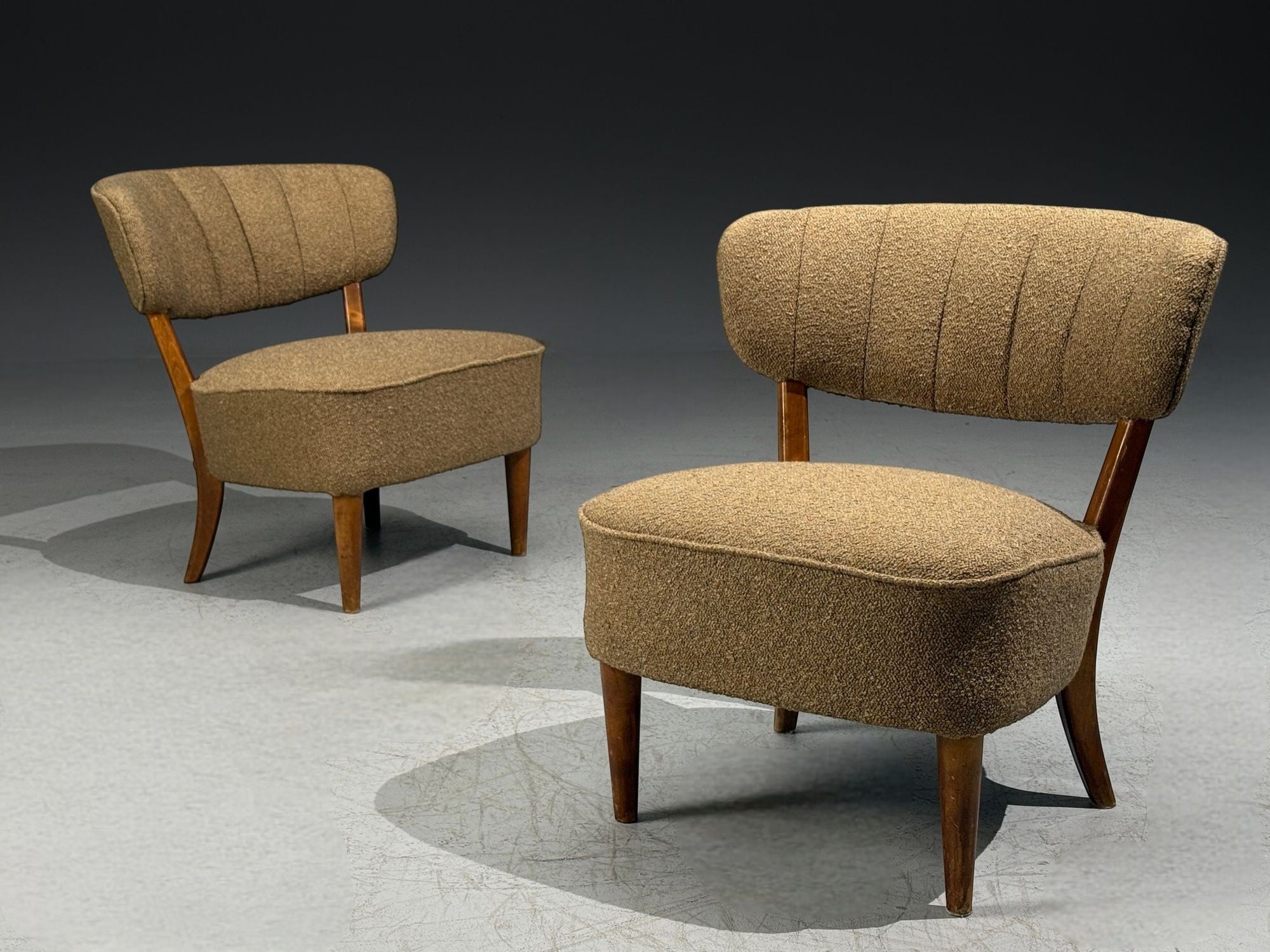 Lisa Johansson-Pape, Lounge Chairs, Brown Boucle, Wood, Finland, 1940s