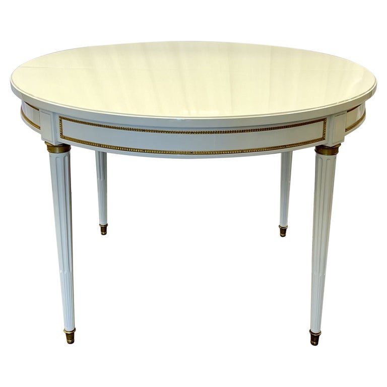 Hollywood Regency Louis XVI Style Dining Table, White Lacquer, Bronze, Jansen Style