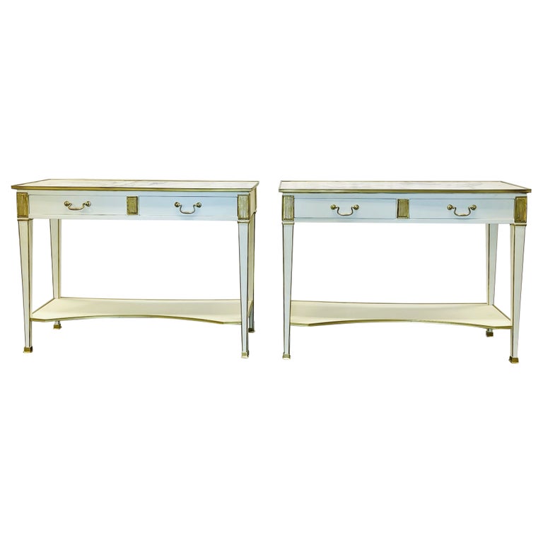Pair of Hollywood Regency Neoclassical White Sofa, Console Tables, Maison Jansen