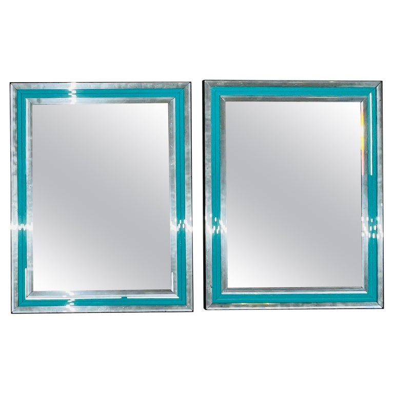 Pair of Art Deco Wall, Console or Pier Mirrors with Turquoise Beveled Frames