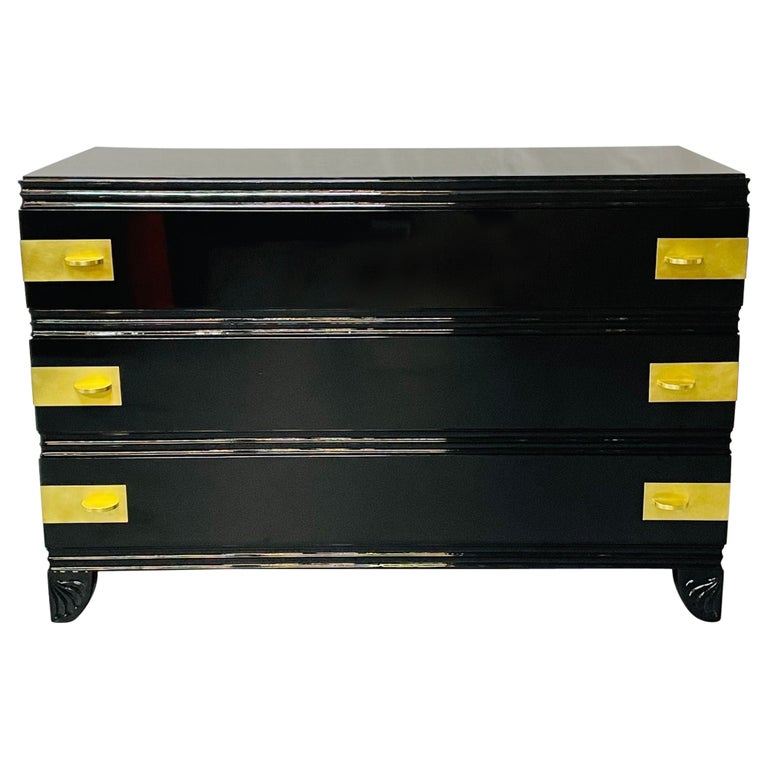 Black Lacquered Campaign Chest, Dresser or Commode, Hollywood Regency, Parzinger Black Lacquered Campaign Chest, Dresser or Commode, Hollywood Regency, Parzinger