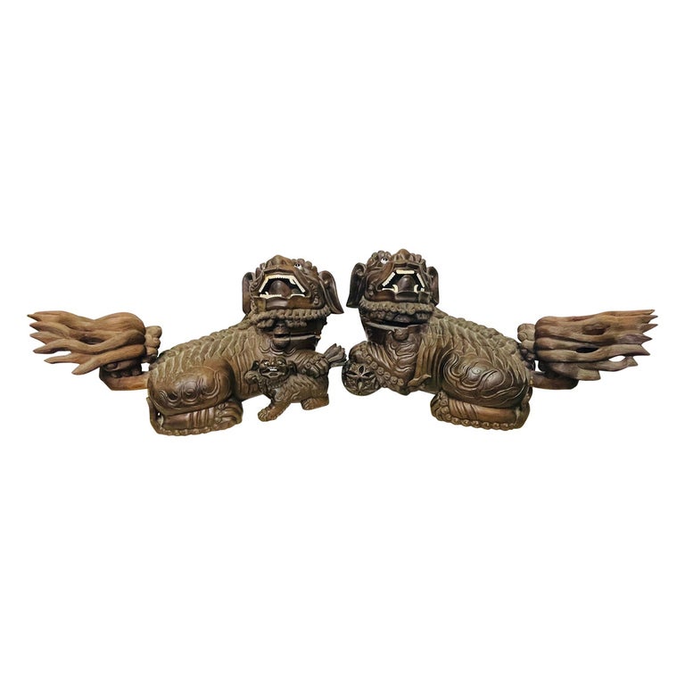 Pair of 18th/19th Century Solid Teak Foo Dogs, Opposing, Statuary
