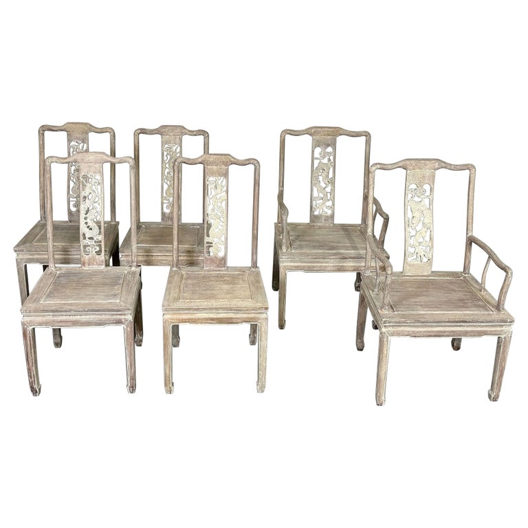 Set Six Chinese Chippendale Whitewashed Dining Chairs, Carved Dragons, Rosewood
