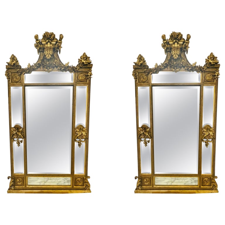 Pair of Palatial Mirrors Louis XVI Giltwood Hand Carved, Pier / Console / Wall
