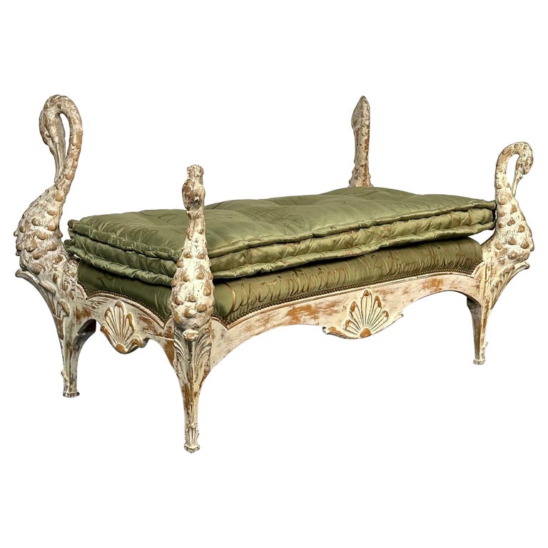Hollywood Regency Swan Bench / Daybed by Maison Jansen, Hand Carved, Distressed