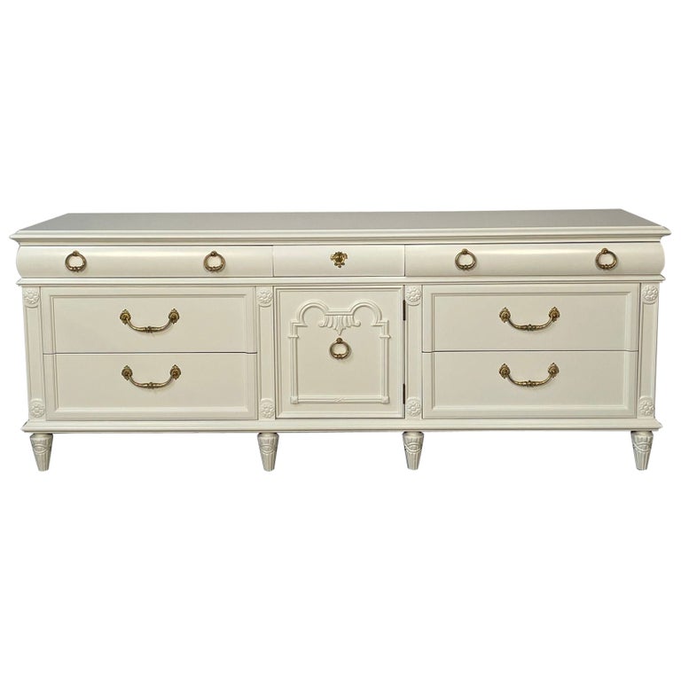 Louis XVI Style Painted Dresser, Mid Century Modern, Commode, Bronze, Off White