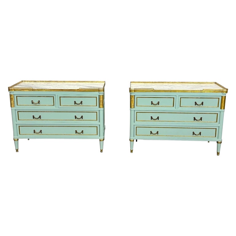 Louis XVI Hollywood Regency Jansen Style Mint Green Commodes / Nightstands