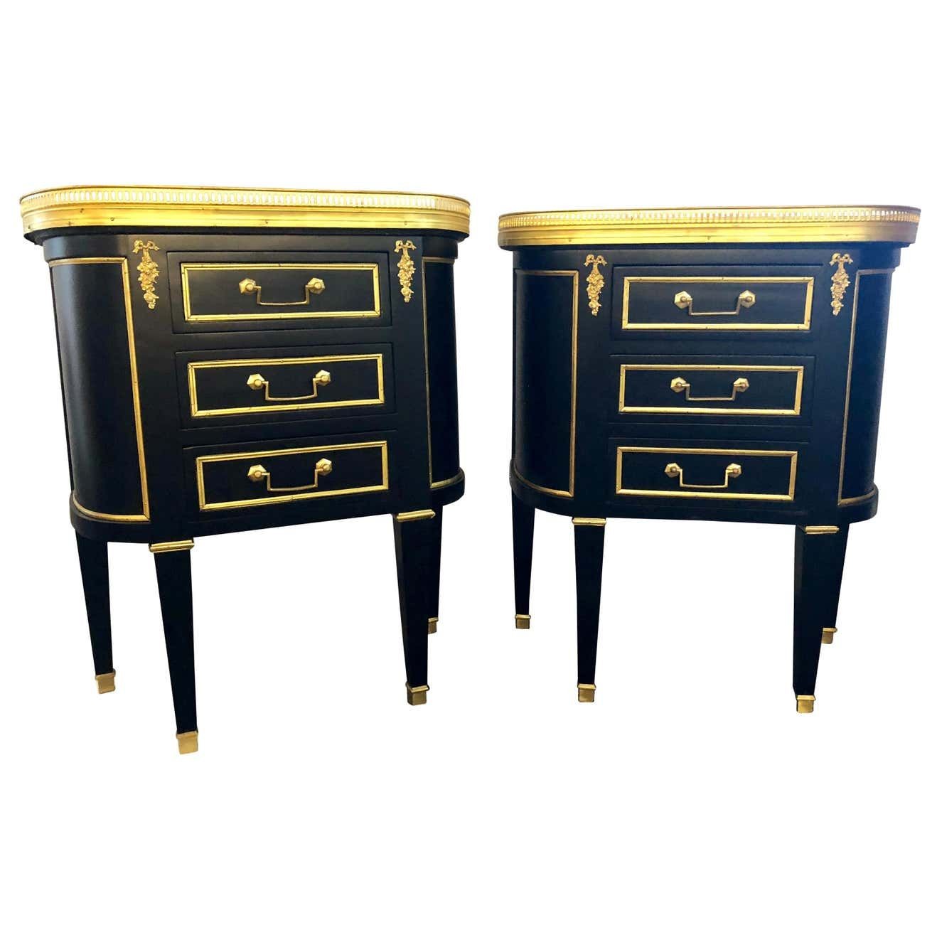 Pair of Jansen Inspired Marble-Top Galleried Ebonized End Tables / Nightstands