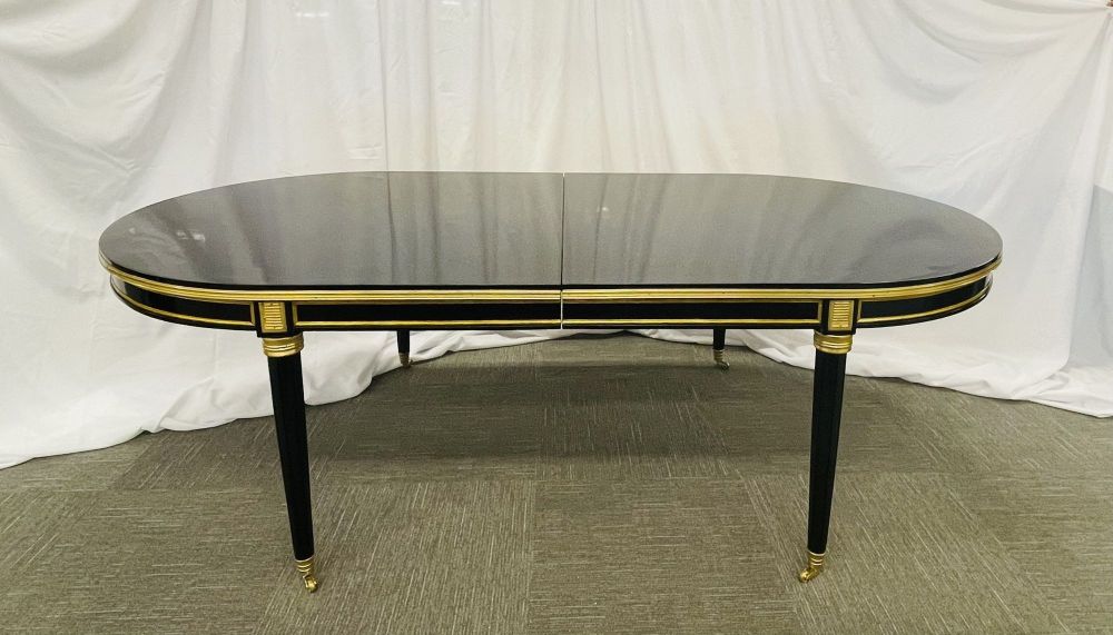 Dining Table, Louis XVI Maison Jansen Style, Black Lacquer, 15 Feet, Refinished
