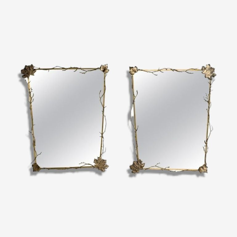Modern Trapezoidal Bronze Wall Mirrors, Branch and Leaf Motif, France, 21st C.