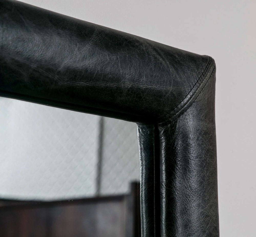 Mid-Century Wall Mirror Decorated Distressed Leather Upholstered Frame