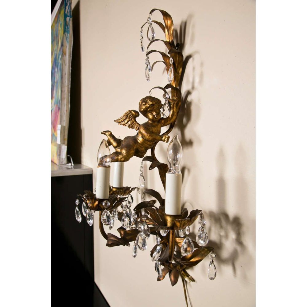 French Marie Therese Style Gilt-Brass Three-Light Wall Sconces Cherub Figures