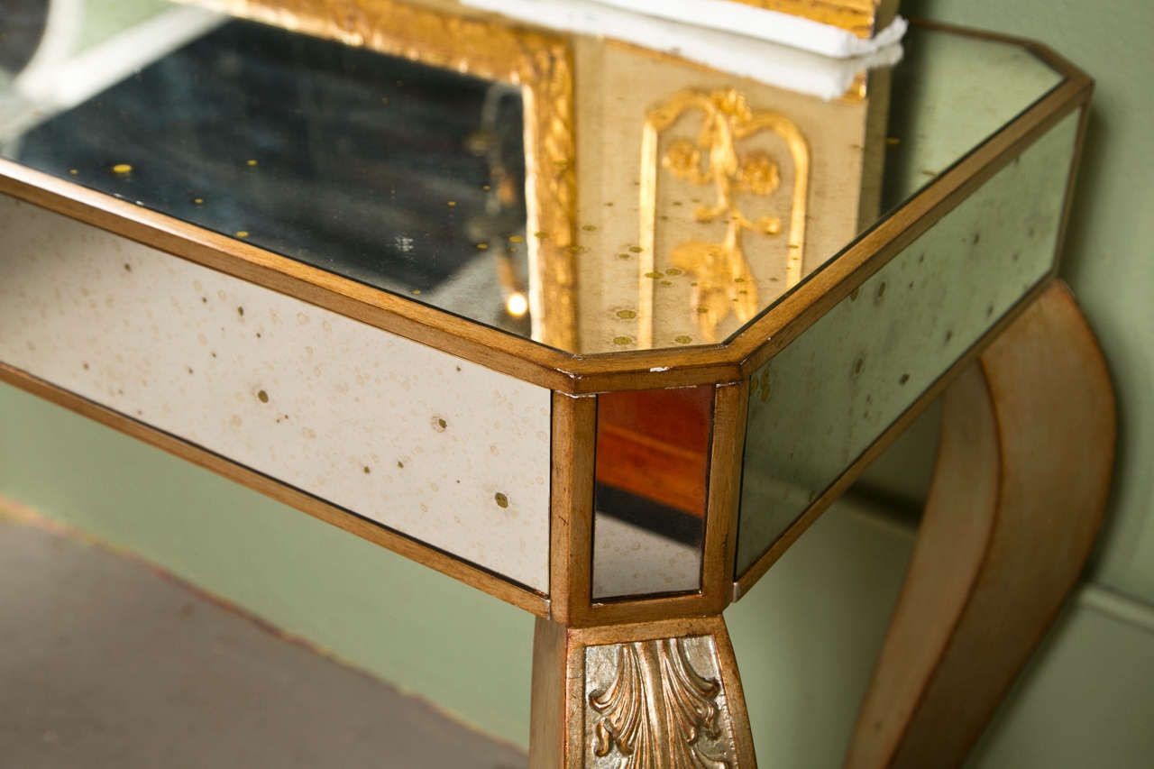 Hollywood Regency Style Mirror Console Table With Gold Gilt Frame Single Drawer