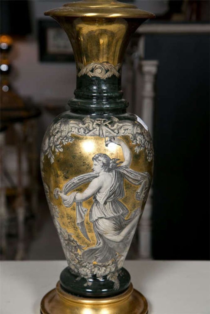 Pair Classical Design Table Lamps Urn Shape Form Reverse Glass Depicting Goddess
