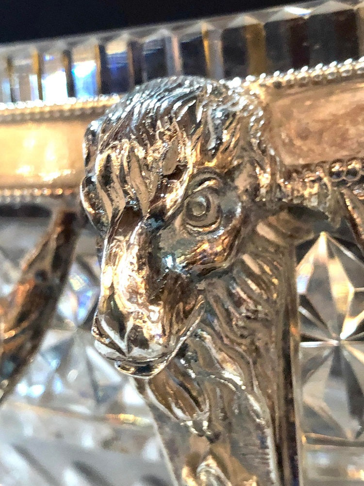 George III Style Silver Plated Oval Center Bowl with Cut Glass Liner